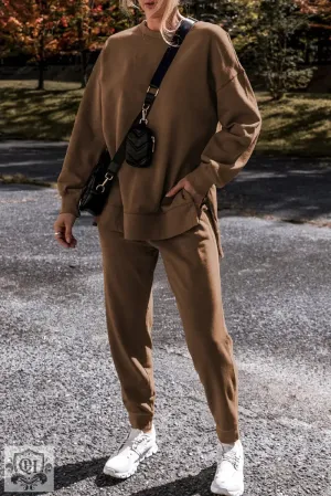 Coffee Solid Color High Low Pullover and Skinny Pants Set
