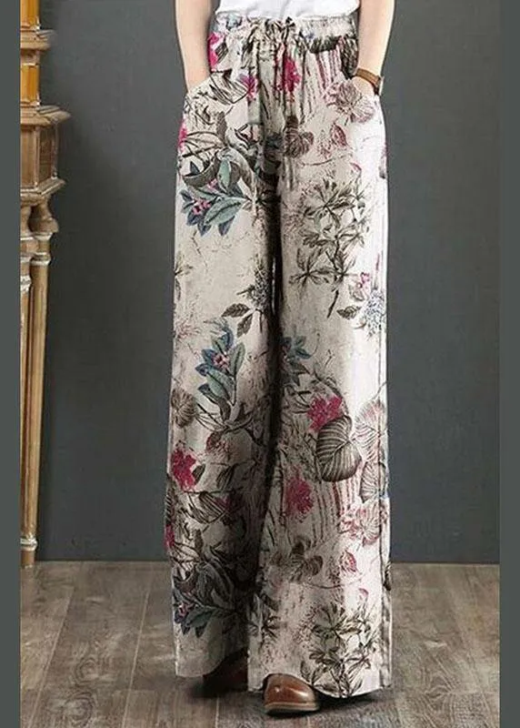 Cotton Women Palnt Floral Print Pocket Drawstring Elastic Waist Retro Wide Leg Pants