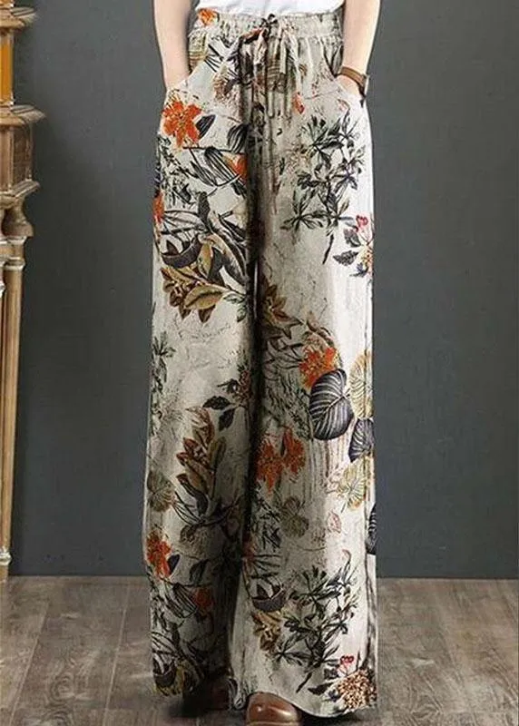 Cotton Women Palnt Floral Print Pocket Drawstring Elastic Waist Retro Wide Leg Pants
