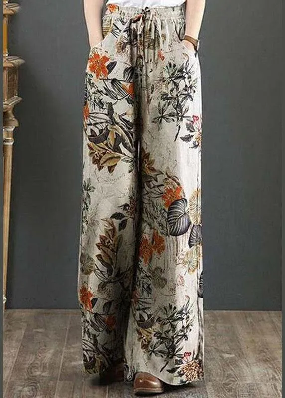 Cotton Women Palnt Floral Print Pocket Drawstring Elastic Waist Retro Wide Leg Pants