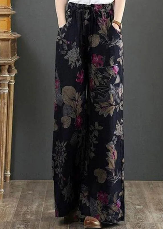 Cotton Women Palnt Floral Print Pocket Drawstring Elastic Waist Retro Wide Leg Pants