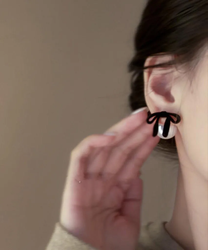 Cute Pink Silk Velour Alloy Pearl Bow Stud Earrings TS001