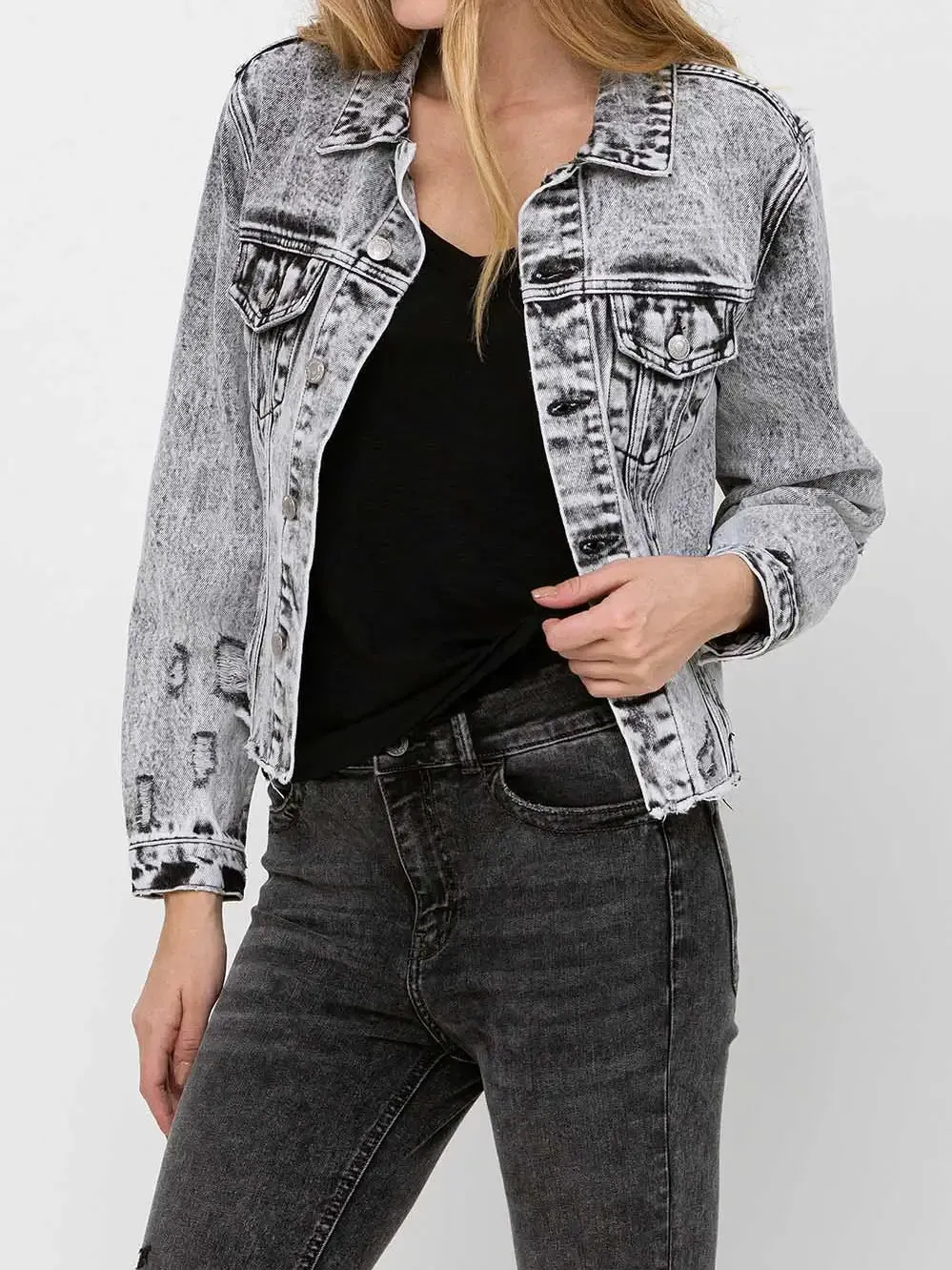 Distresses Classic Crop Denim Jacket