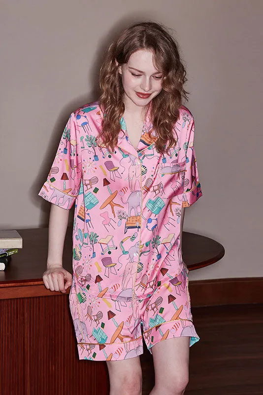 Elephant and Furniture Print Ice Silk Short-Sleeve Loungewear Set