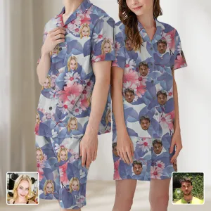Flower Print Pajamas Custom Avatar Couple V-Neck Pajamas