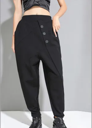 French Black Patchwork Pockets Button Casual Fall Harem Pants