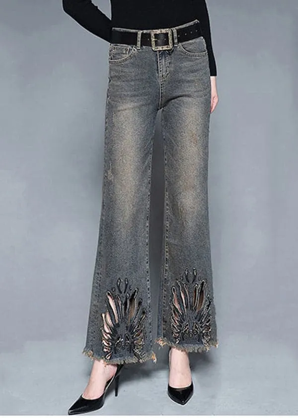 French Blue High Waist Pockets Hollow Out Cotton Denim Flare Pants Summer