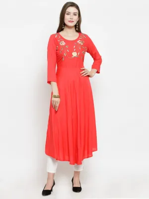 Jashvi Women Peach embroidered Flaired Kurta