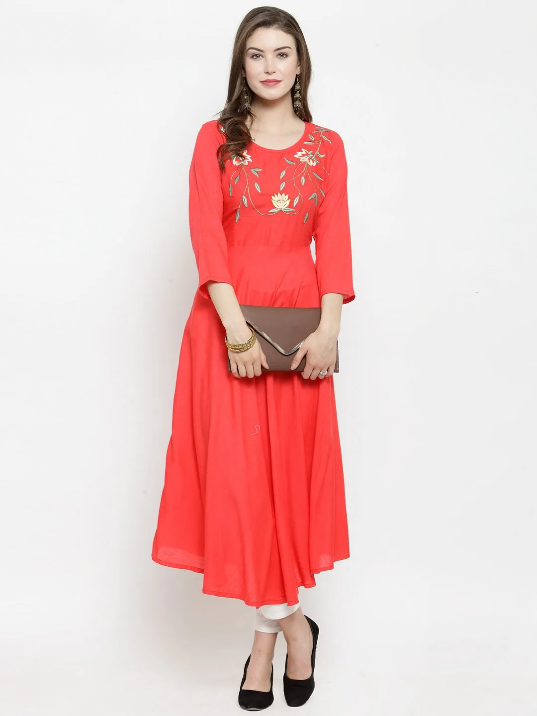 Jashvi Women Peach embroidered Flaired Kurta