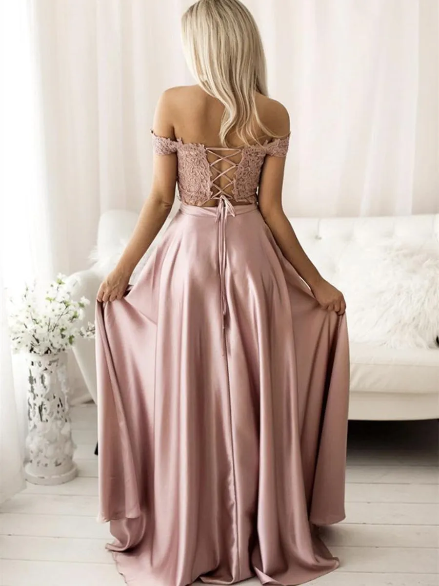 Long A-line off the Shoulder Satin Lace Two Piece Formal Prom Dresses
