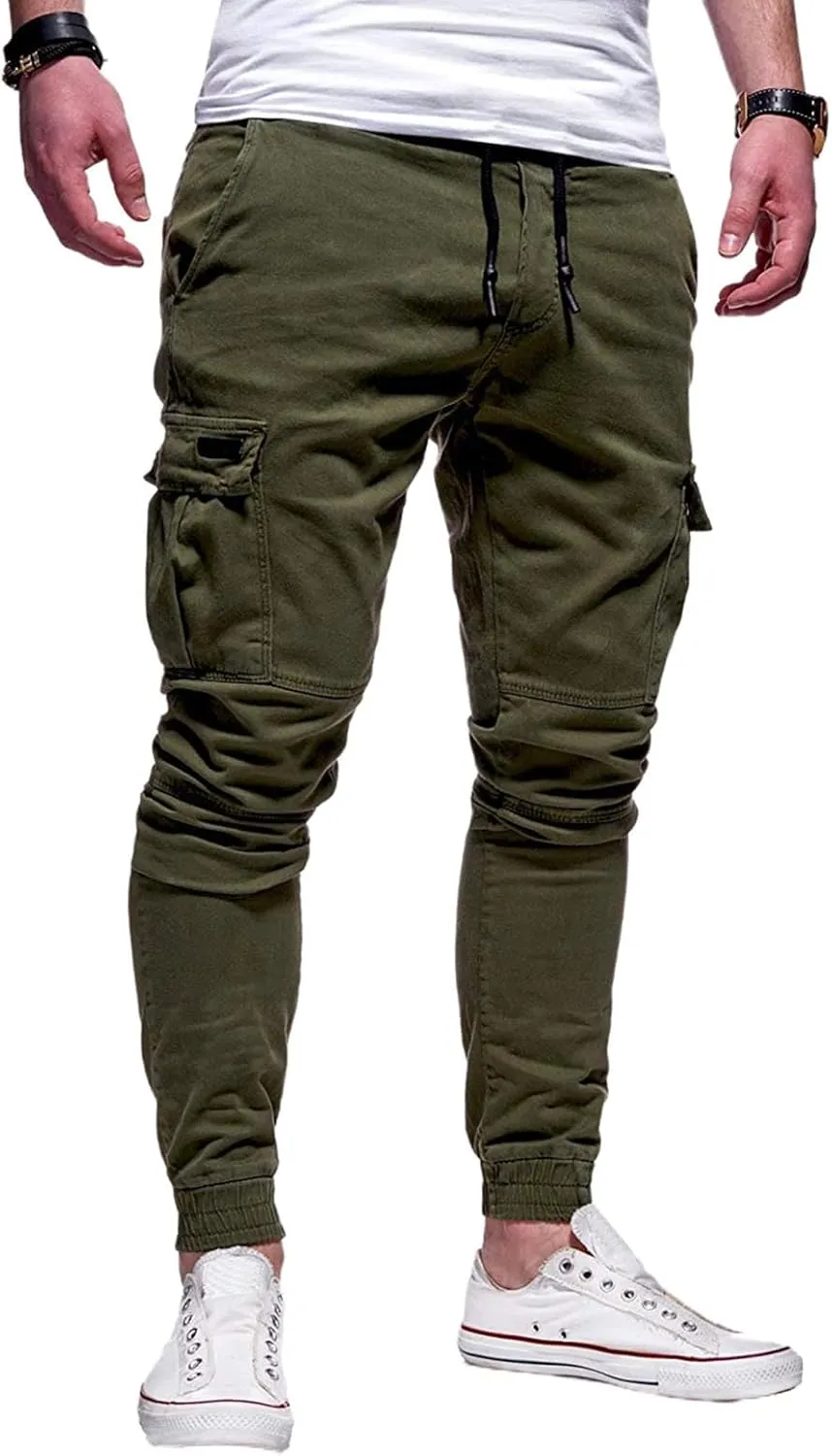 Mens Cargo Pants Casual Elastic Waist Joggers Sweatpants Slim Fit Workout Athletic Fashion Trousers for Mens