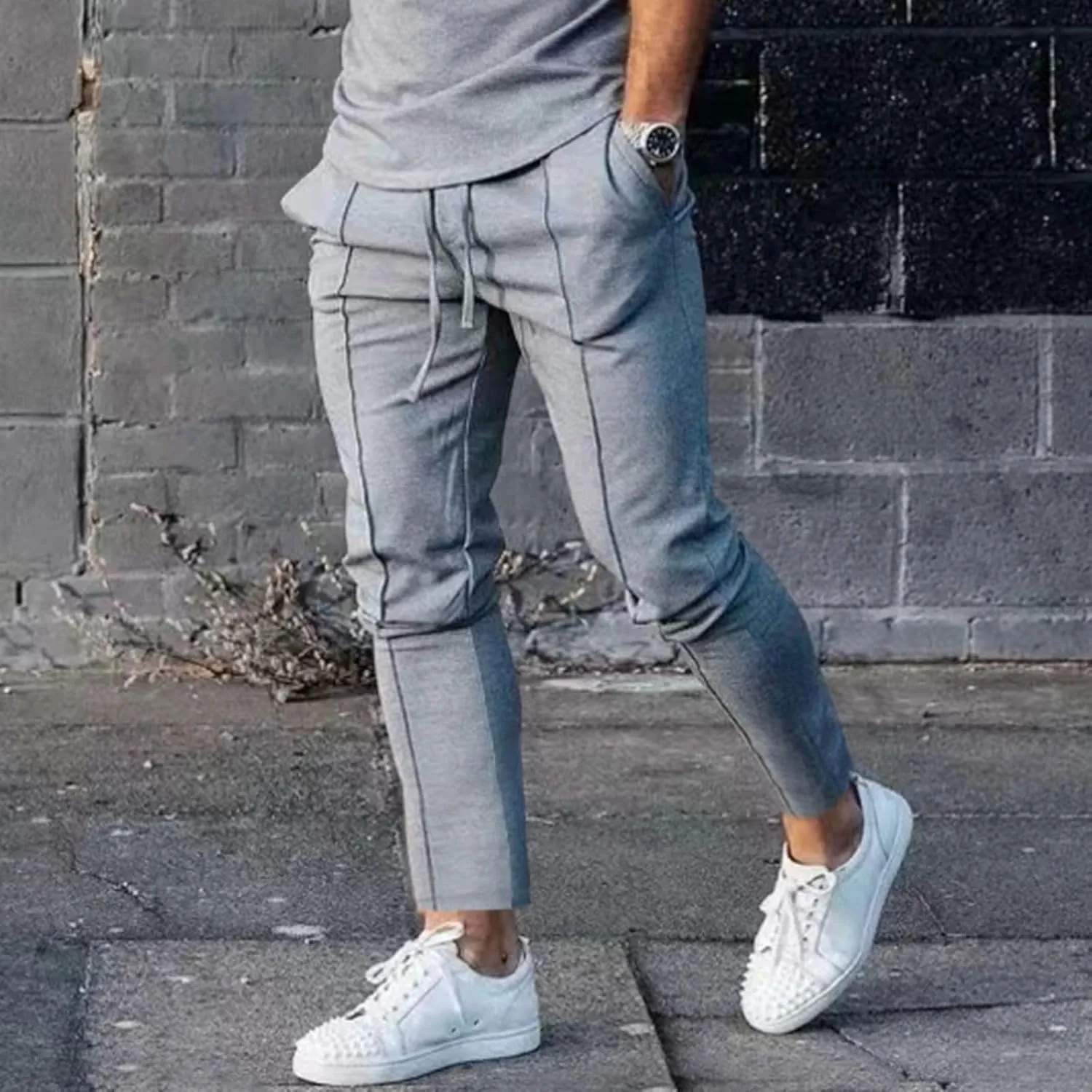 Mens Jogger Plain Pants Slim Fit Elastic Waist Straight Casual Sweatpants Tapered Athletic Workout Trousers
