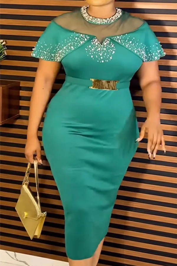 Patchwork Beaded Decor Sophisticated Belted Midi Dress