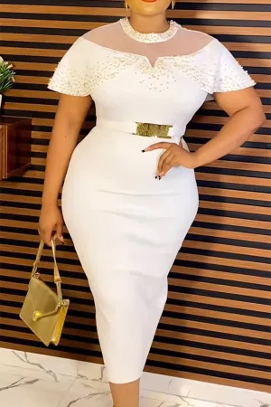 Patchwork Beaded Decor Sophisticated Belted Midi Dress