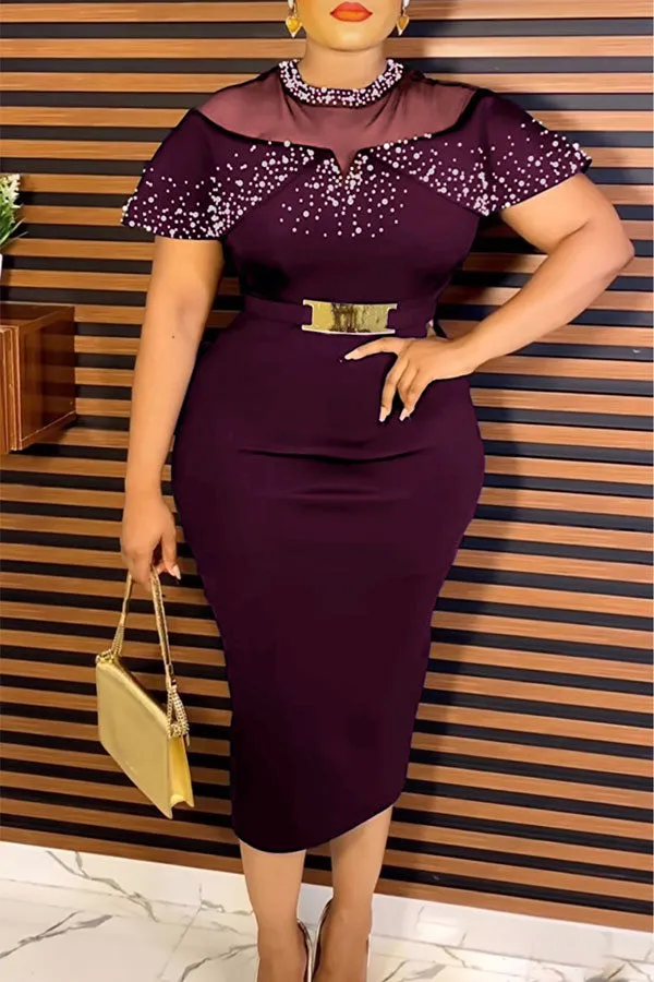 Patchwork Beaded Decor Sophisticated Belted Midi Dress