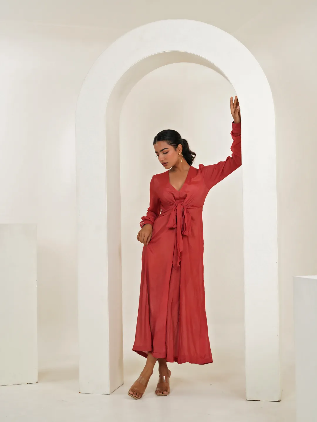 Persian Red Crepe V-Neck Maxi Dress