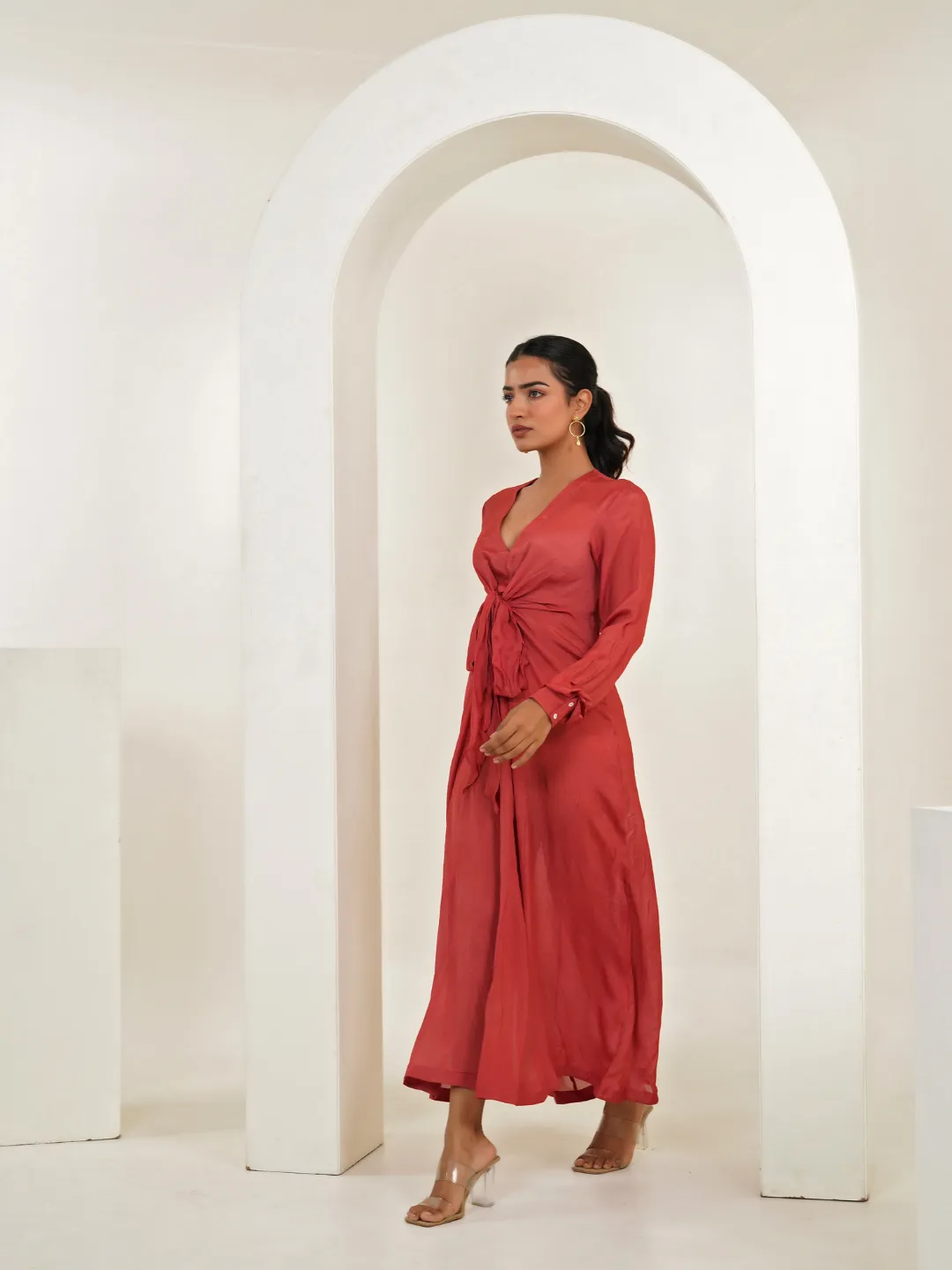 Persian Red Crepe V-Neck Maxi Dress