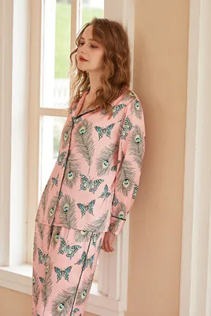 Phoenix Feather and Butterfly Print Long-Sleeve Pajama Set