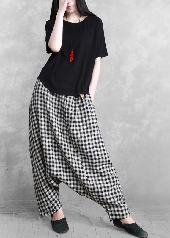 Plus Size Black Grey Plaid Harem Summer Pants