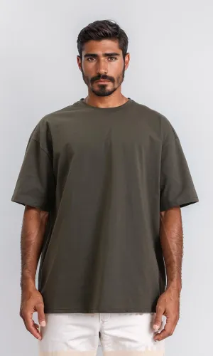 R209394-Round Neck Loose Slip On Tee - Dark Olive