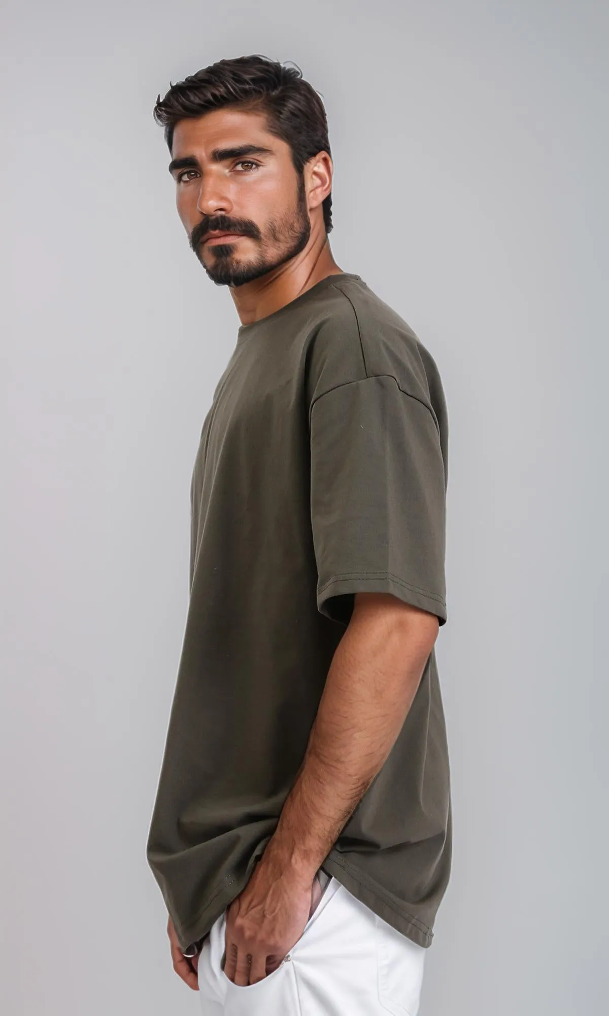 R209394-Round Neck Loose Slip On Tee - Dark Olive