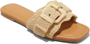 Raffia Flats Sandals for Women Buckle Straw Flats Woven Braided Rattan Slides Beach Comfort Summer Sandals Shoes