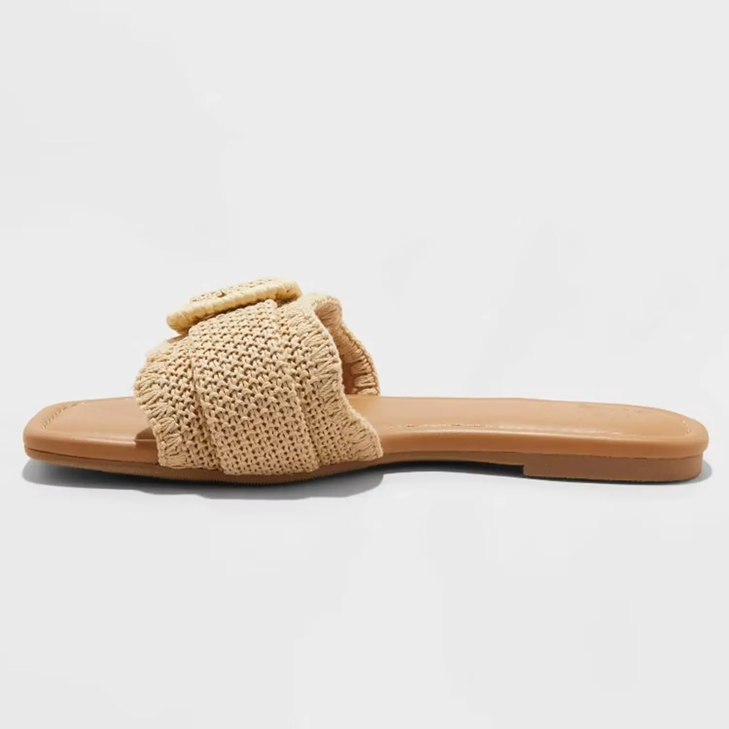Raffia Flats Sandals for Women Buckle Straw Flats Woven Braided Rattan Slides Beach Comfort Summer Sandals Shoes