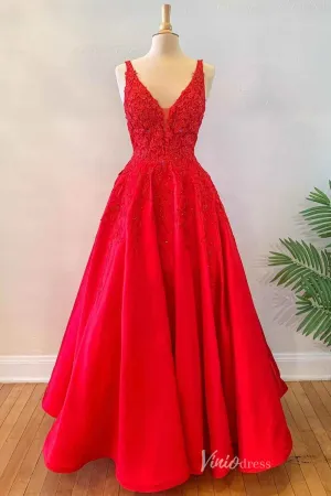 Red Lace Applique Prom Dresses Plunging V-Neck Satin Formal Gown FD4094