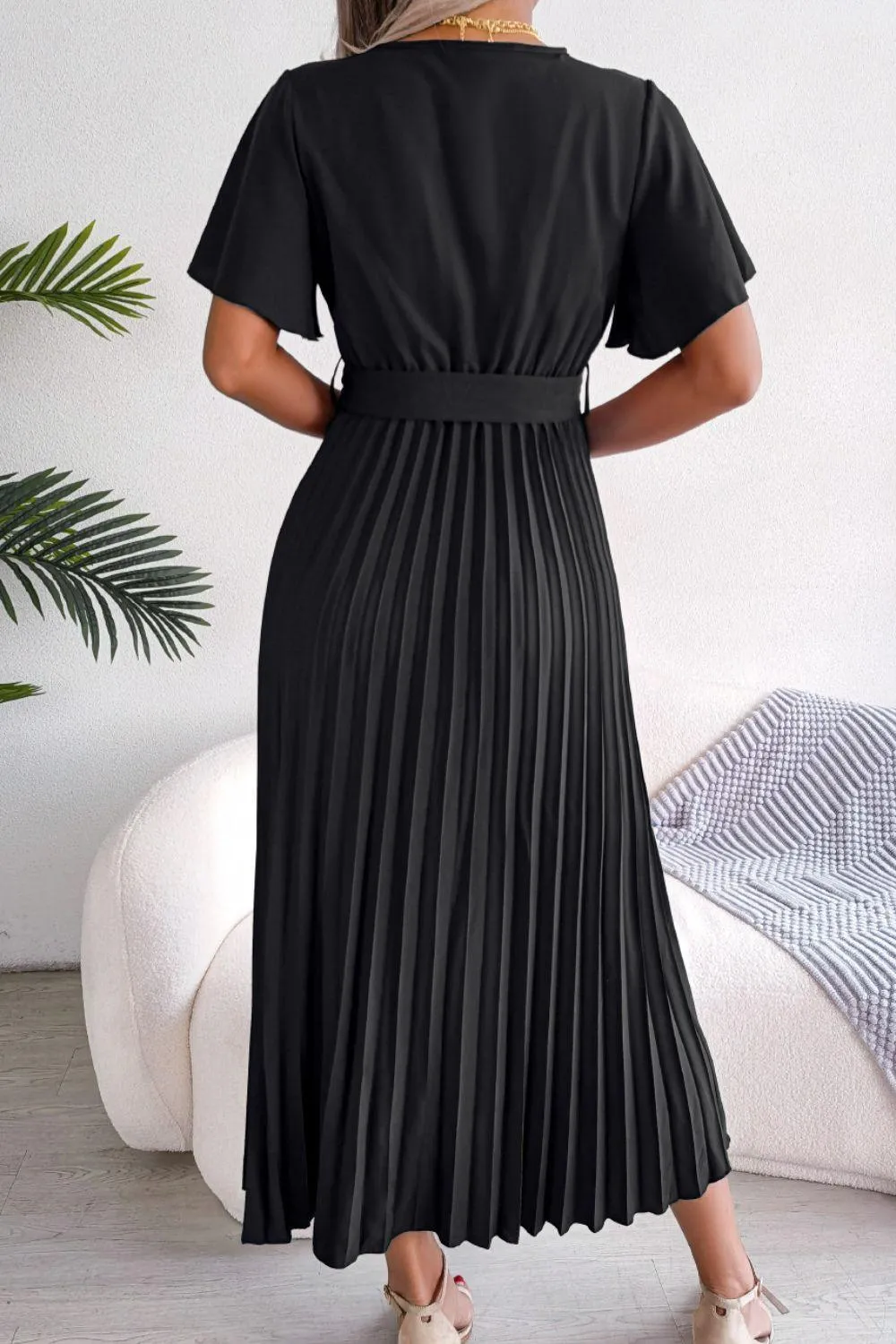Sophisticated Pleated Flutter Sleeve Dress