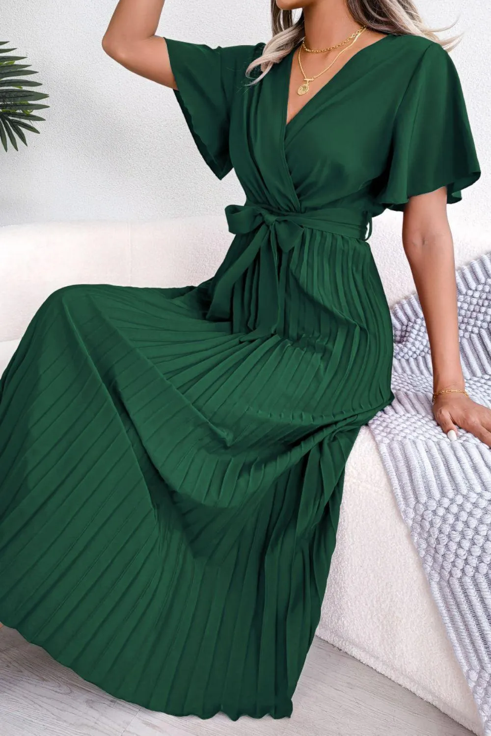 Sophisticated Pleated Flutter Sleeve Dress