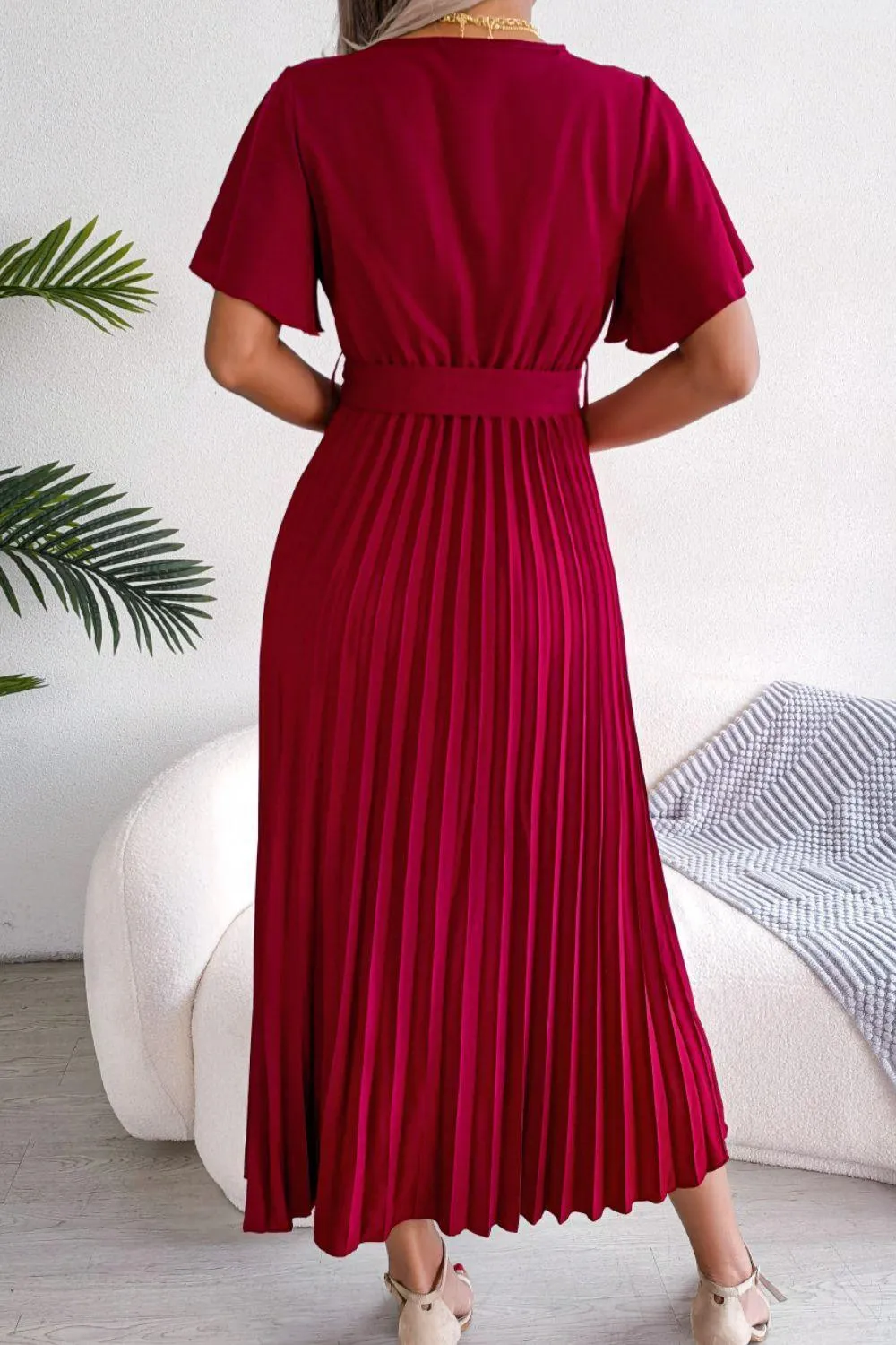 Sophisticated Pleated Flutter Sleeve Dress