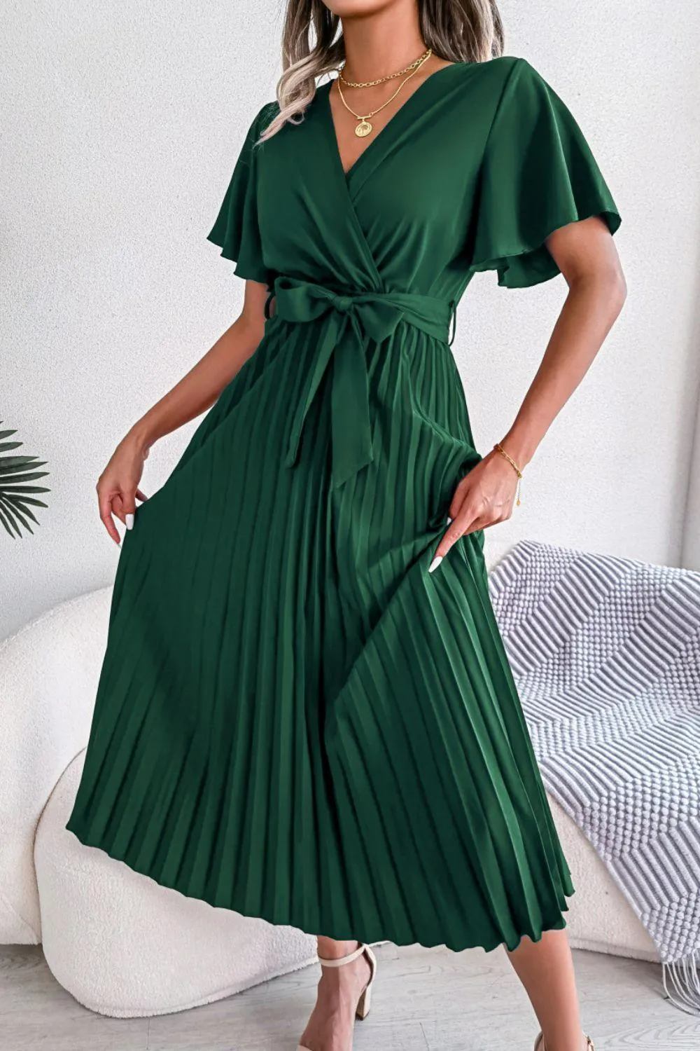 Sophisticated Pleated Flutter Sleeve Dress