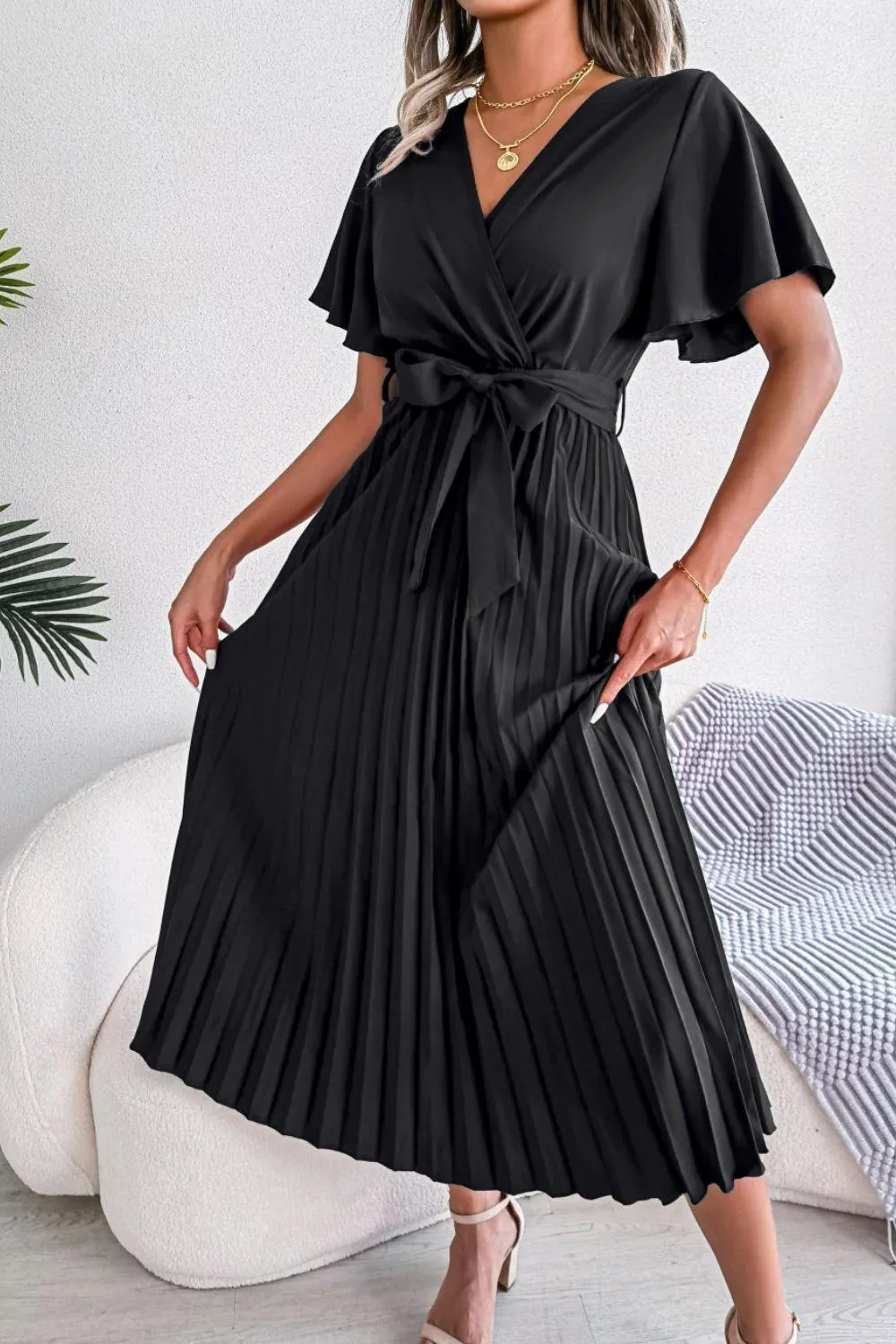 Sophisticated Pleated Flutter Sleeve Dress