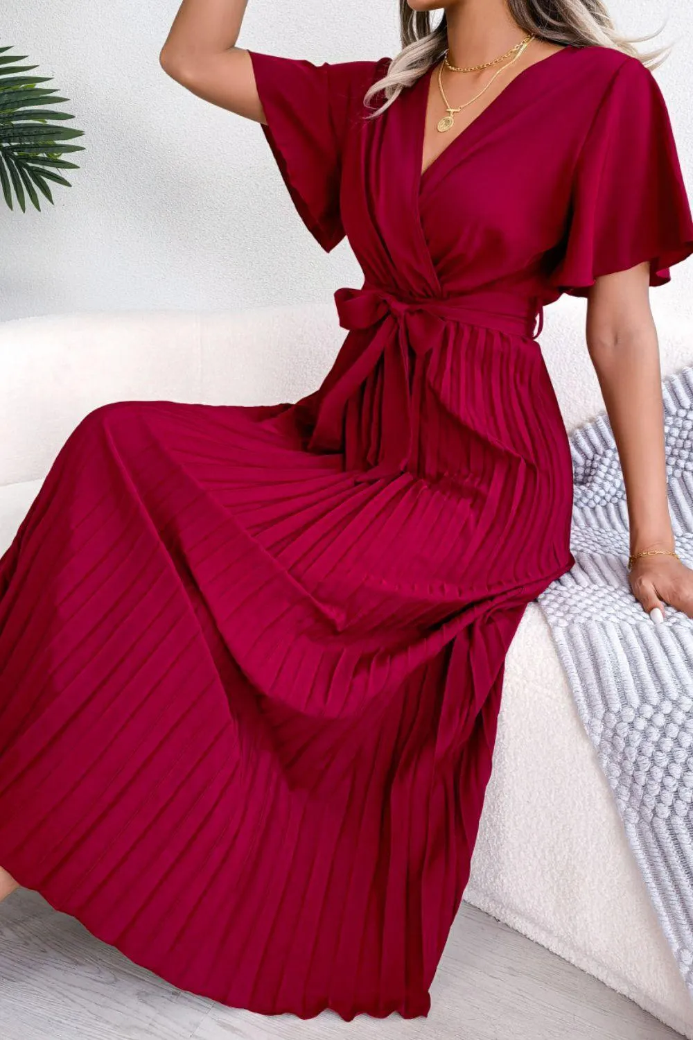 Sophisticated Pleated Flutter Sleeve Dress