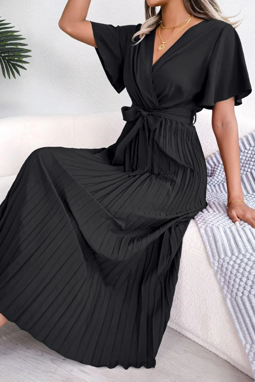 Sophisticated Pleated Flutter Sleeve Dress