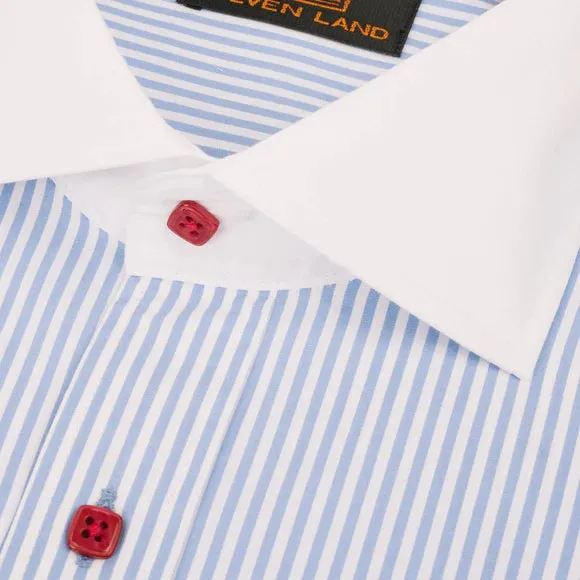 Steven Land Mens Light Blue Striped 100% Cotton French Cuff Dress Shirt