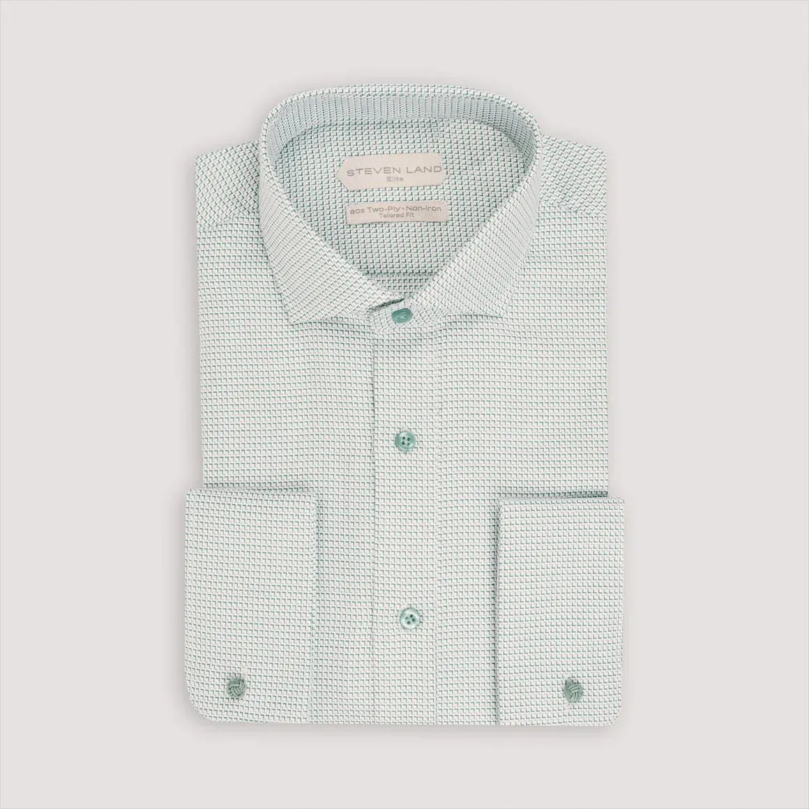 Steven Land Mens Light Green Stepweave 100% Cotton French Cuff Dress Shirt