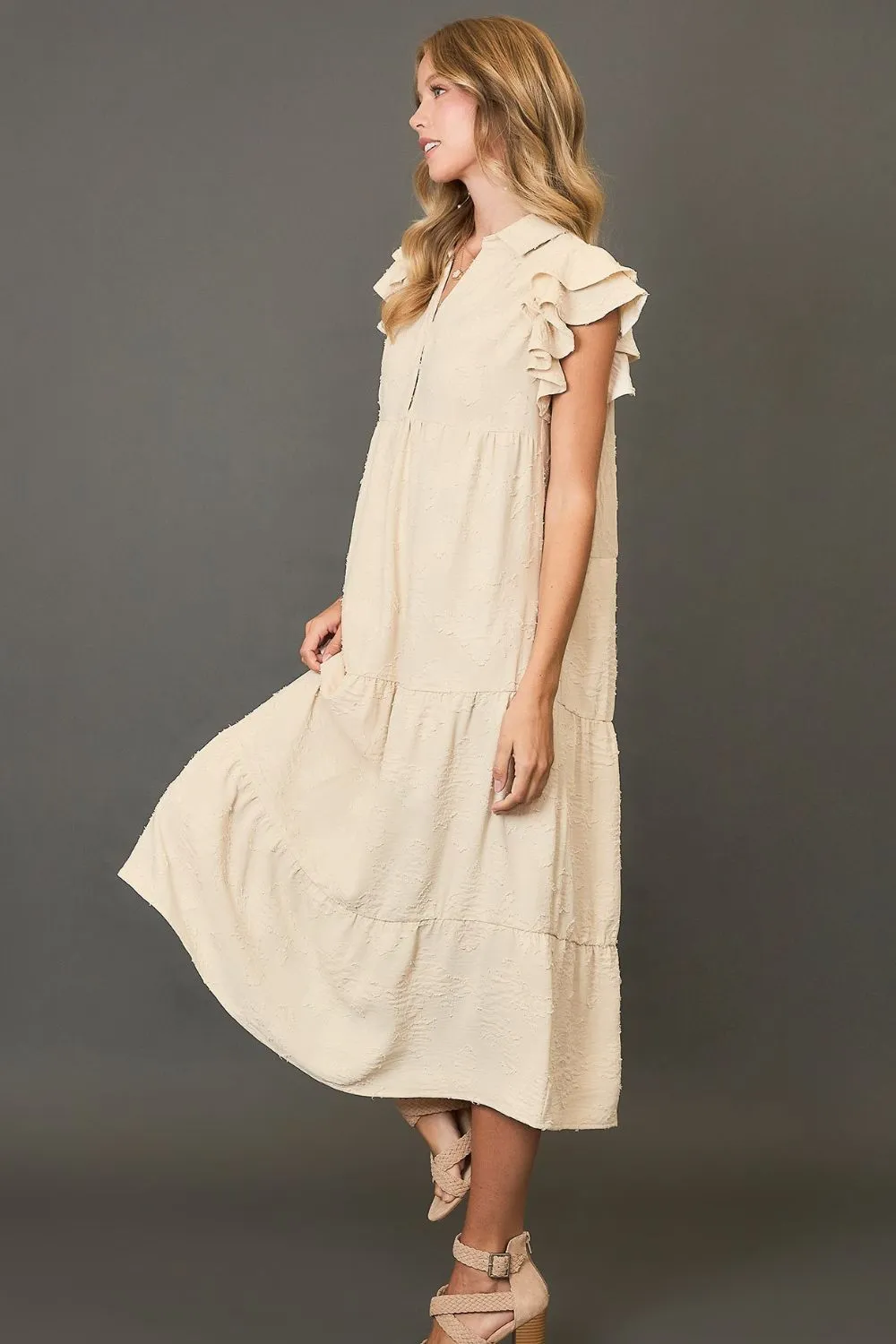 Tiered Floral Ruffle Sleeve Midi Dress