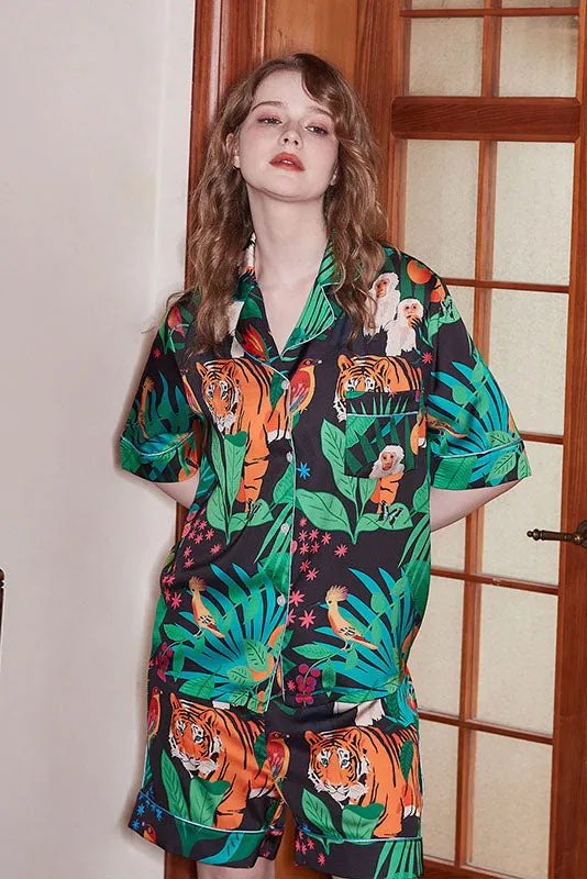 Tiger and Monkey Print Ice Silk Short-Sleeve Loungewear Set
