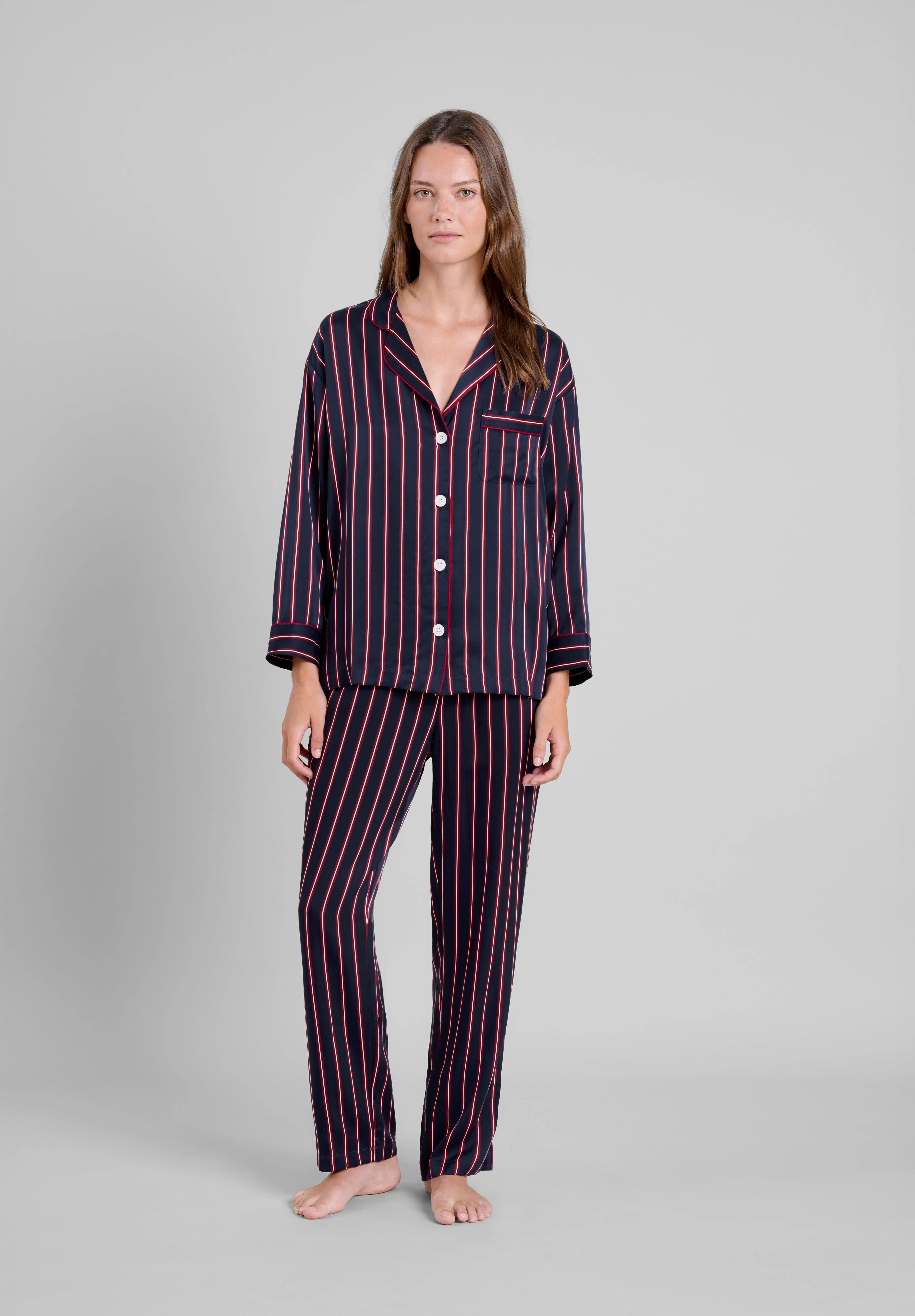 Washable Silk Marina Pajama Set in Midnight Stripe