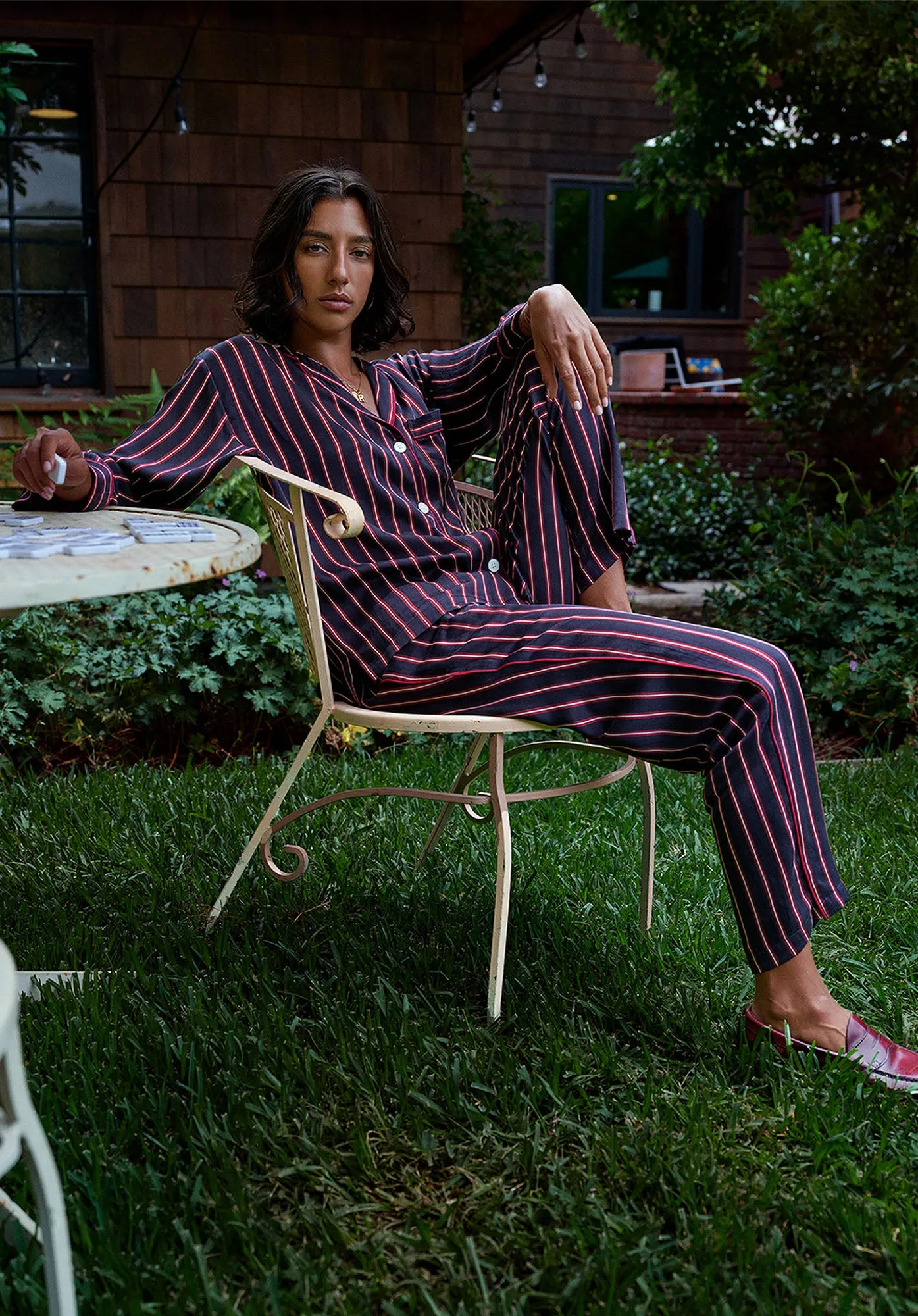 Washable Silk Marina Pajama Set in Midnight Stripe