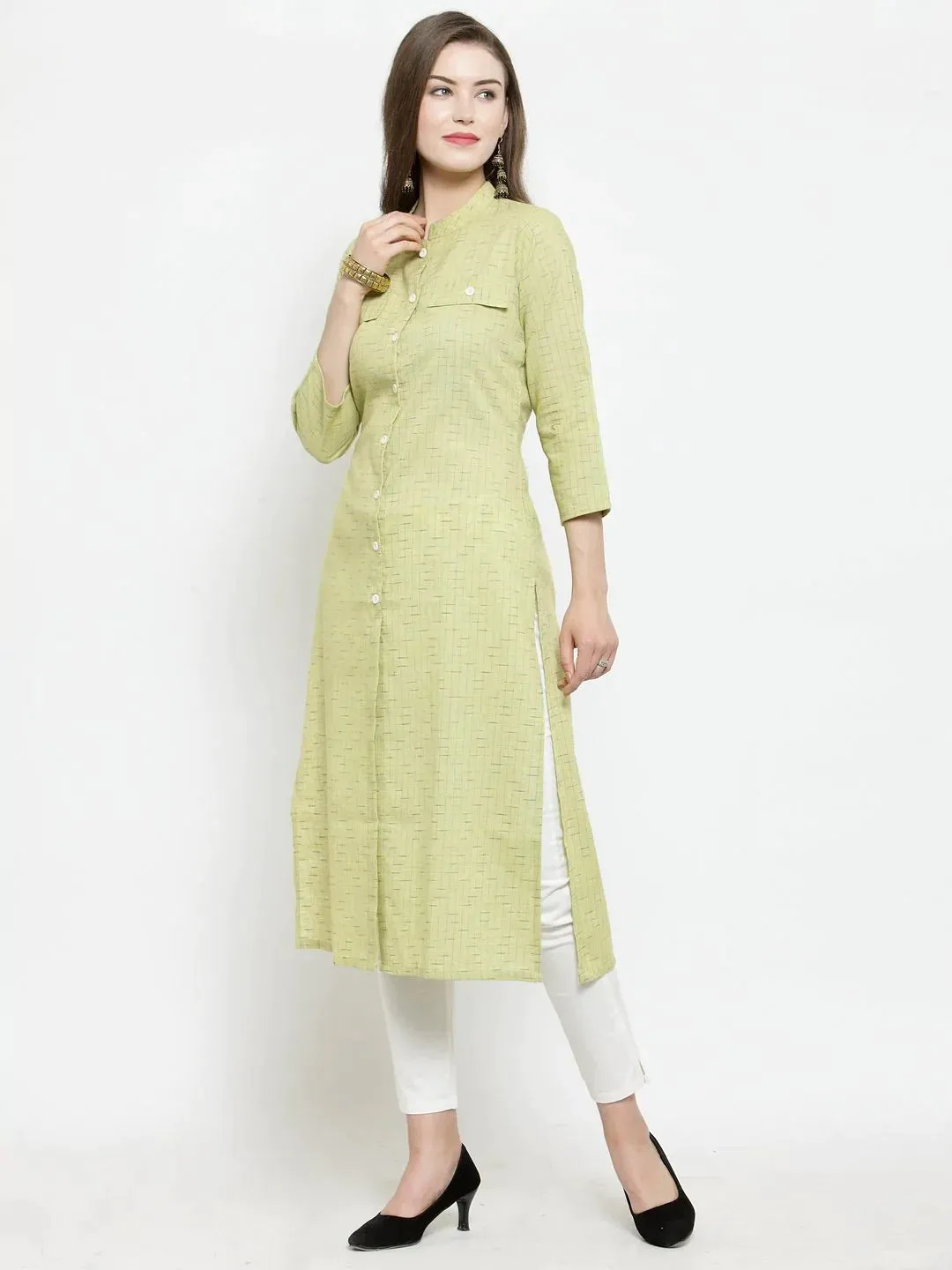 Women Green Woven Design Straight Kurta