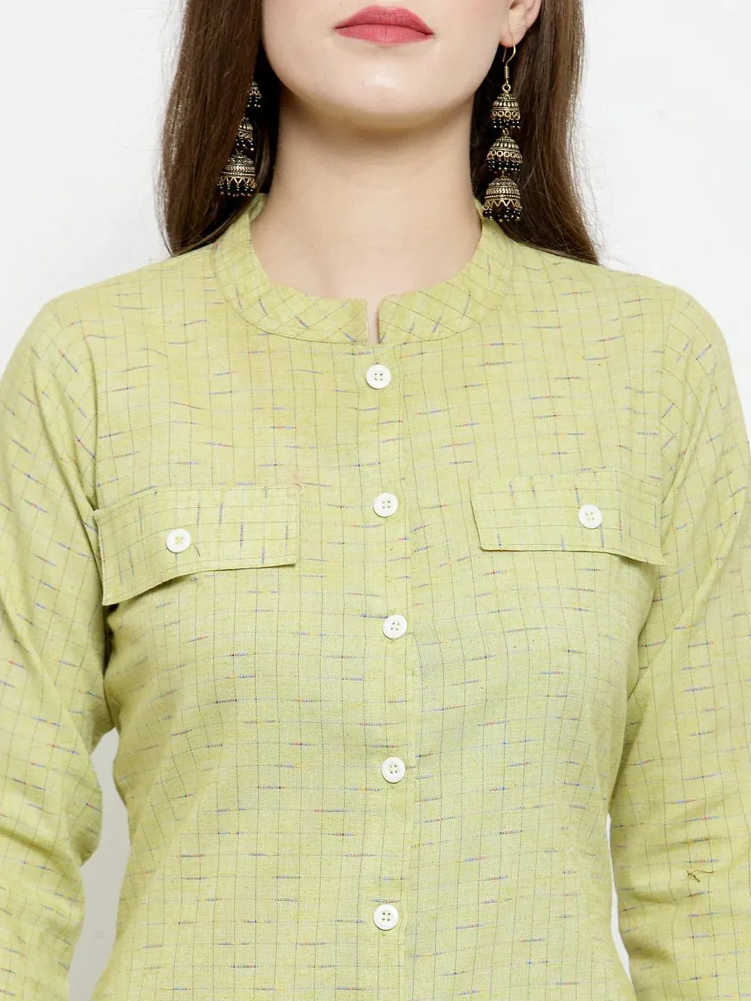 Women Green Woven Design Straight Kurta