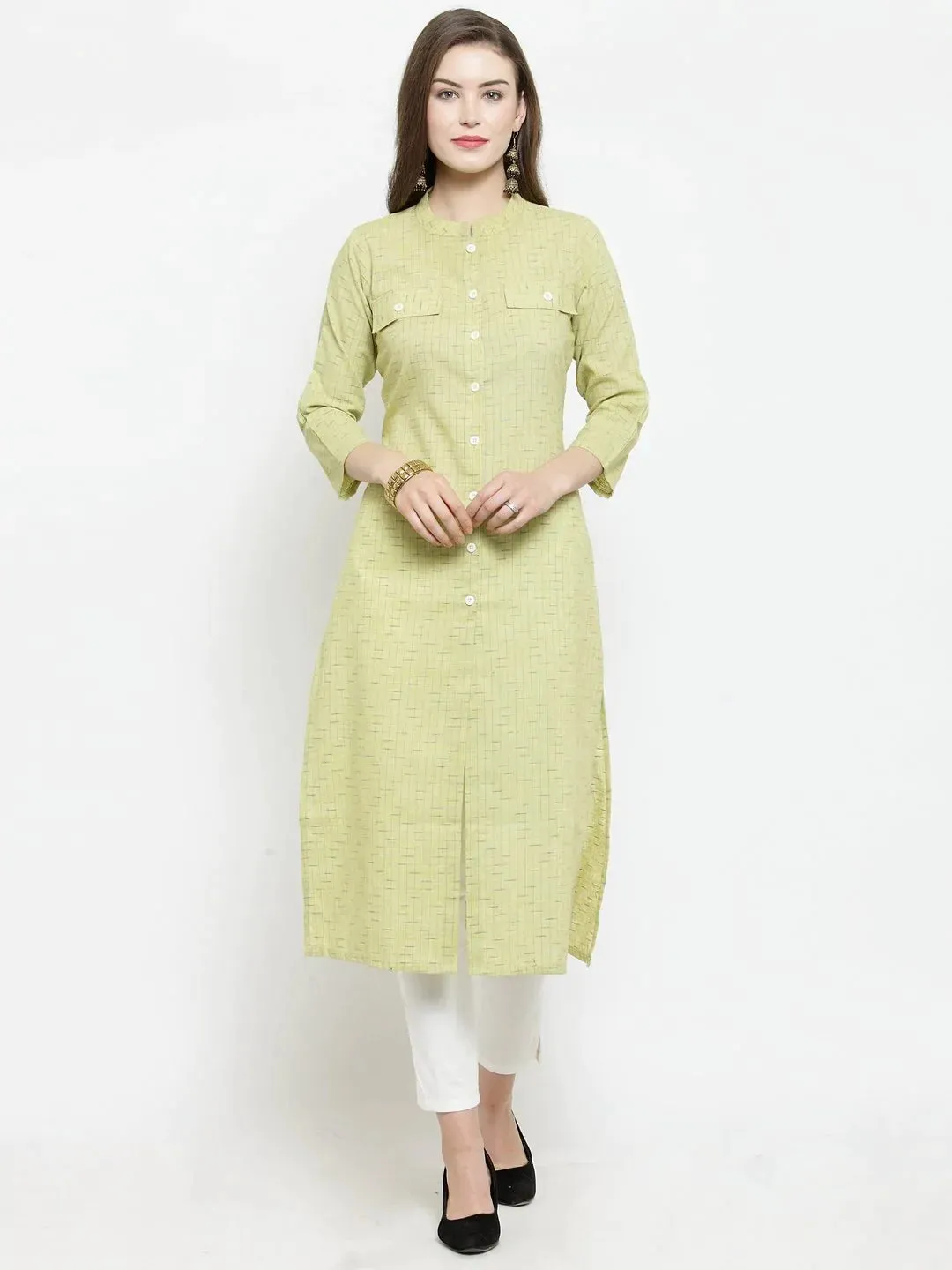 Women Green Woven Design Straight Kurta