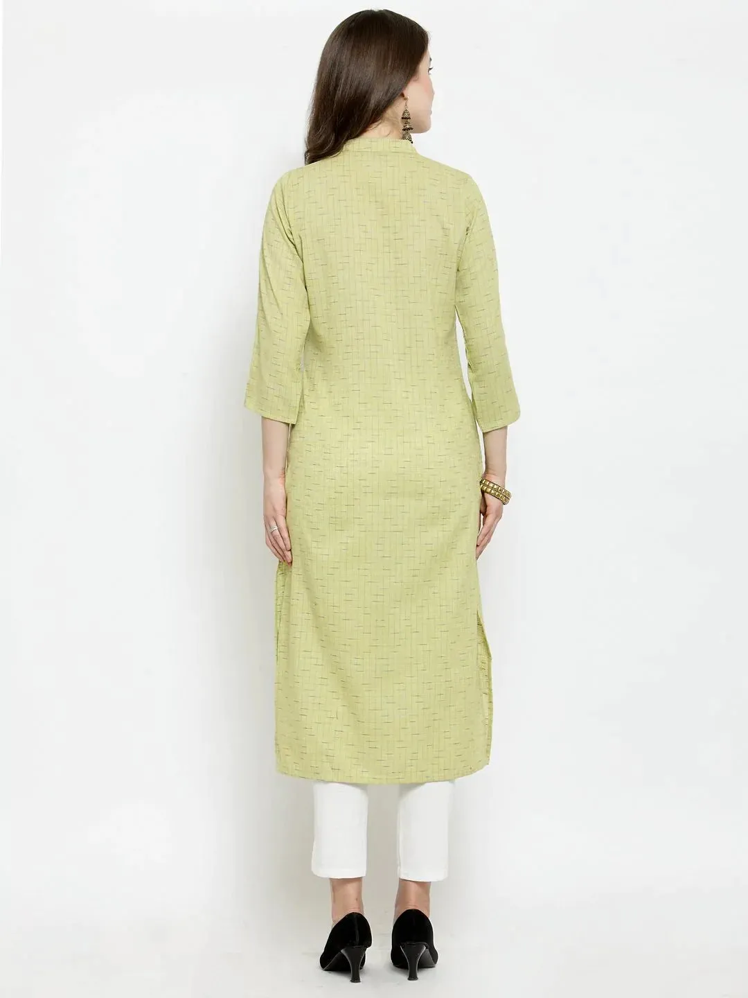 Women Green Woven Design Straight Kurta